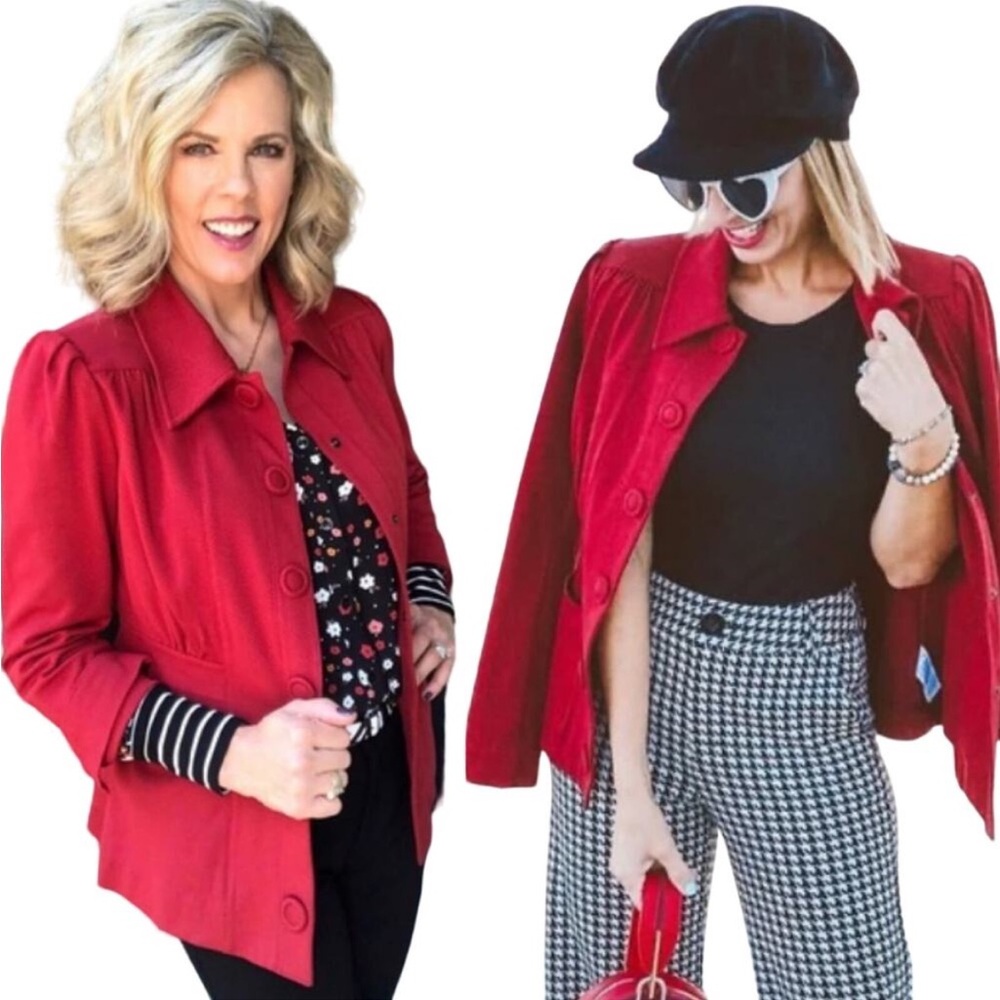 Cabi Spencer Jacket Collared Button Snap Front Knit Moulin Rouge Red Size Large